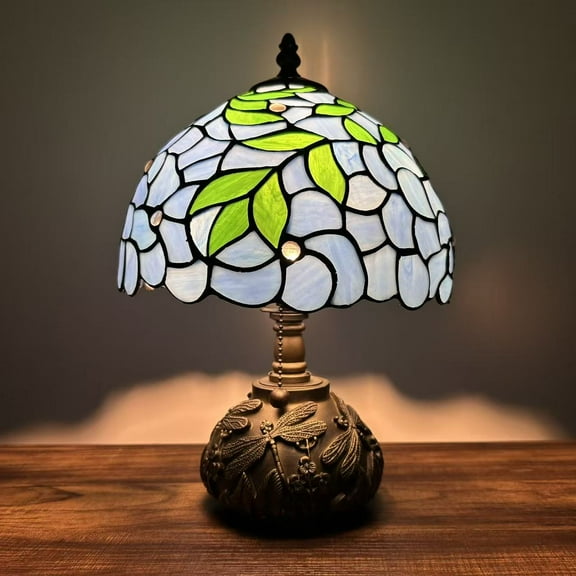 Tiffany Table Lamp Blue Stained Glass Green Leaves Included LED Bulb Dragonfly Base for Living Room Bedroom Bedside 10"W*10"D*14"H