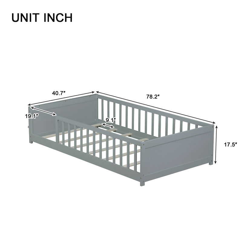 Mirightone Twin Size Floor Bed with Rails, Wood Montessori Floor Bed with Storage Bookcase, Montessori Bed Frame with Fence, Grey