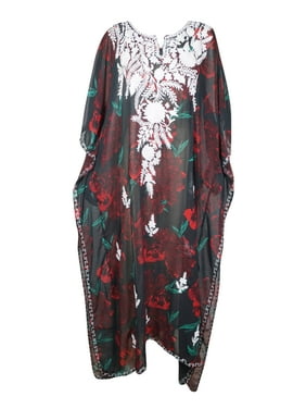 Mogul Women Caftan Maxi Dress, Black Red Embroidered Printed kaftan Dress, Beach Summer Holiday Dresses 4X