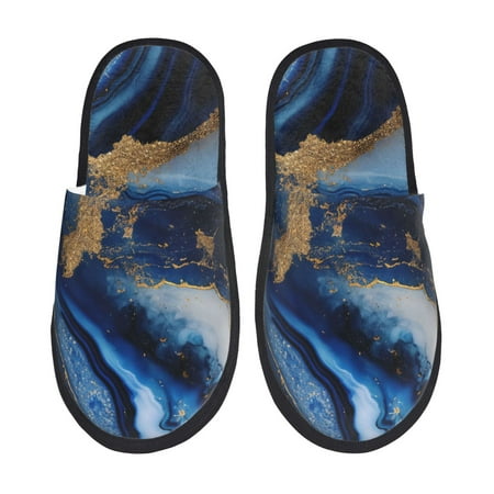 Balery Navy Blue Marble Slient Indoor Furry Fleece Comfort House Shoes Soft Non-Slip Home Shoes Cotton slippers House Slippers-- Medium