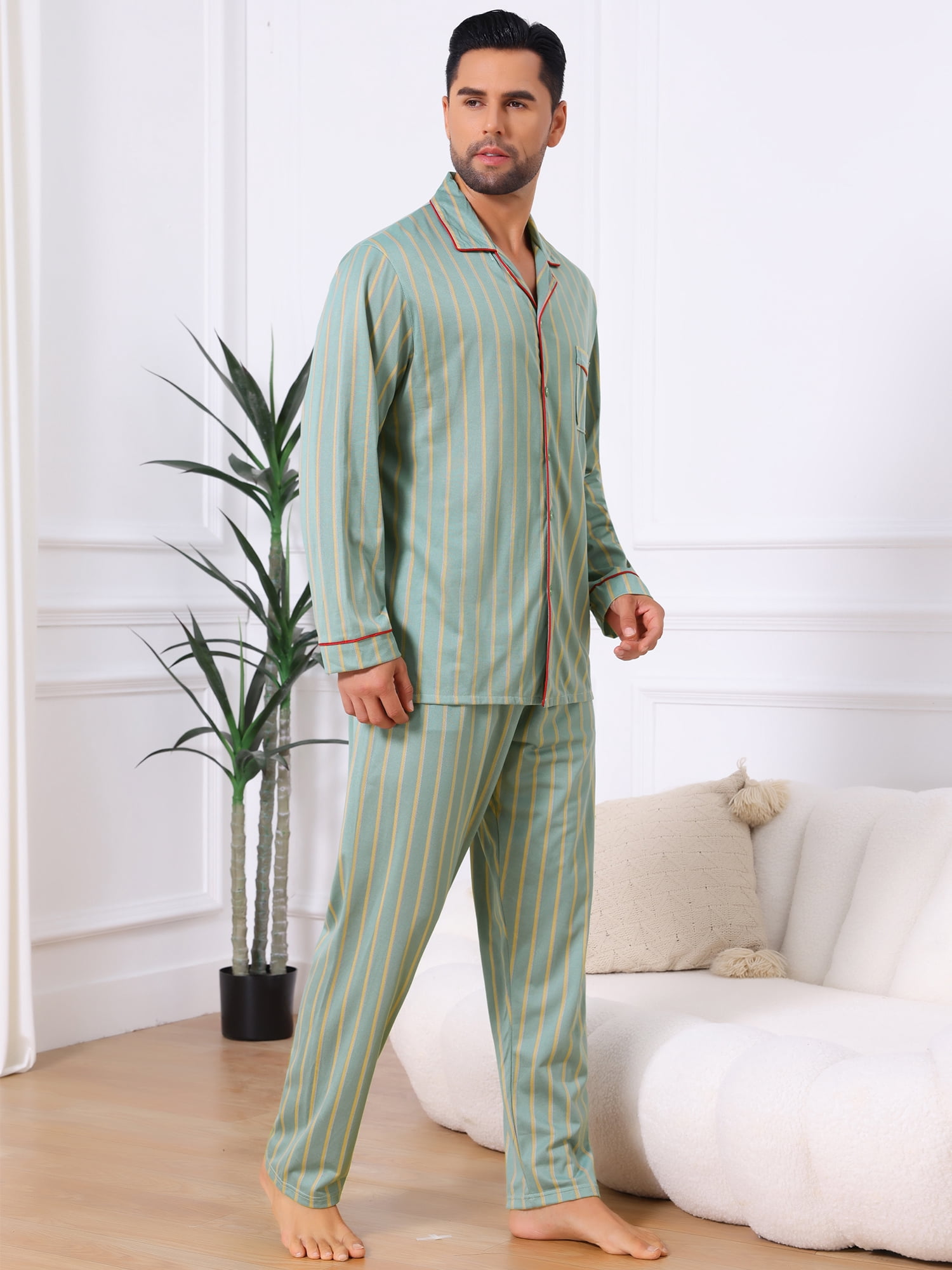 DARING DIVA Men's 2-Piece Long Sleeve Button Down Pocket Pajamas Set S Light Green