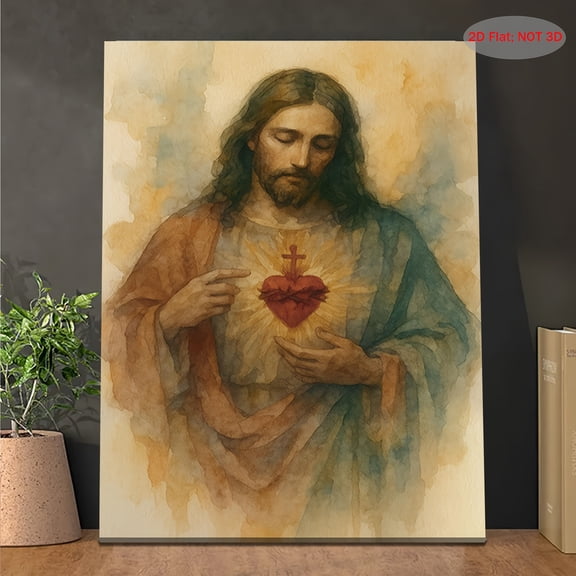 2D Flat, 1pc Sacred Heart of Jesus Watercolor Canvas Art - Vintage Catholic Wall Decor, Christian Print for Bedroom, Living Room, Kitchen, Bathroom - Faith-Based Home Gift