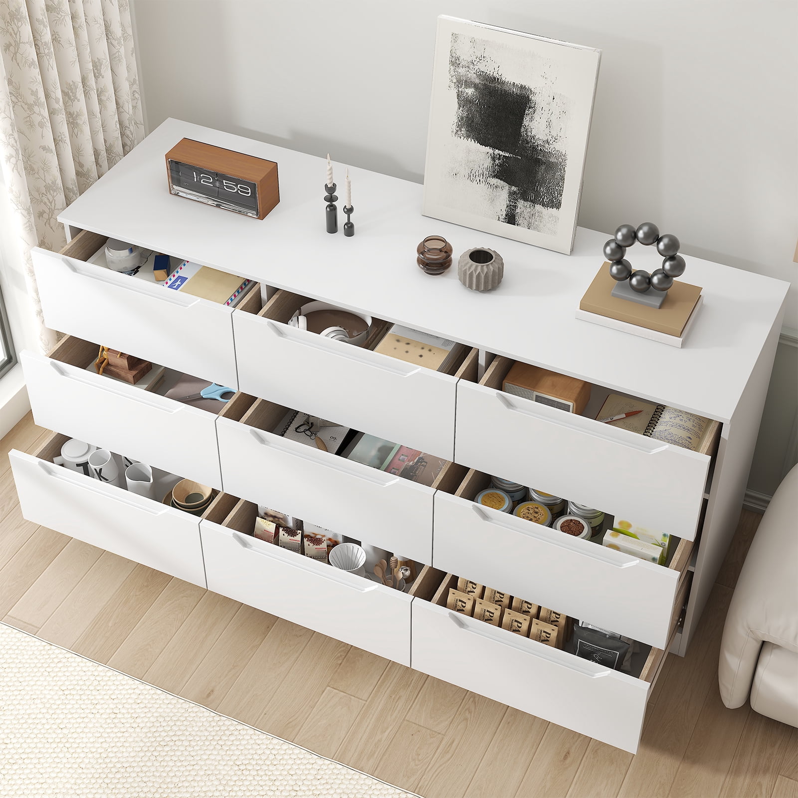 Meteorleg 9 Drawer Dresser,62” Wide Chest of 9 Drawer Dresser, Modern Storage Cabinets with Large Wood Drawers for Bedroom, Living Room, Entryway, Hallway,White