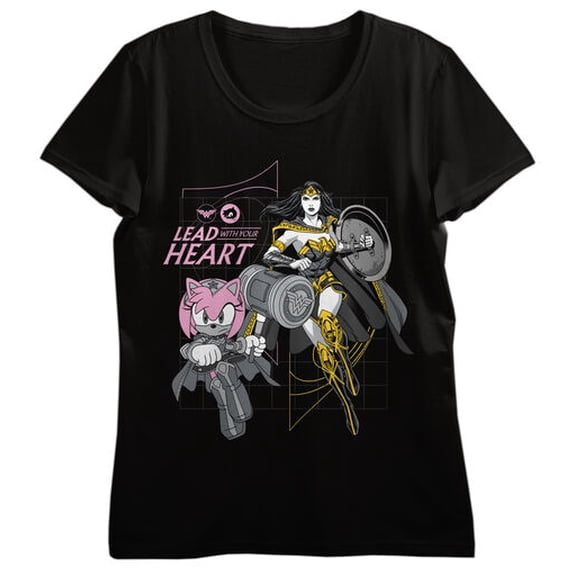 DC X Sega Amy & Wonder Woman Lead With Your Heart Women’s Black Crew Neck Short Sleeve T-shirt-Large