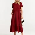 thumbnail image 3 of XVJRHAK Women's Summer Casual Short Sleeve Crewneck Swing Dress Casual Flowy Tiered Maxi Beach Dress With Pockets (Wine Red,XXL), 3 of 7