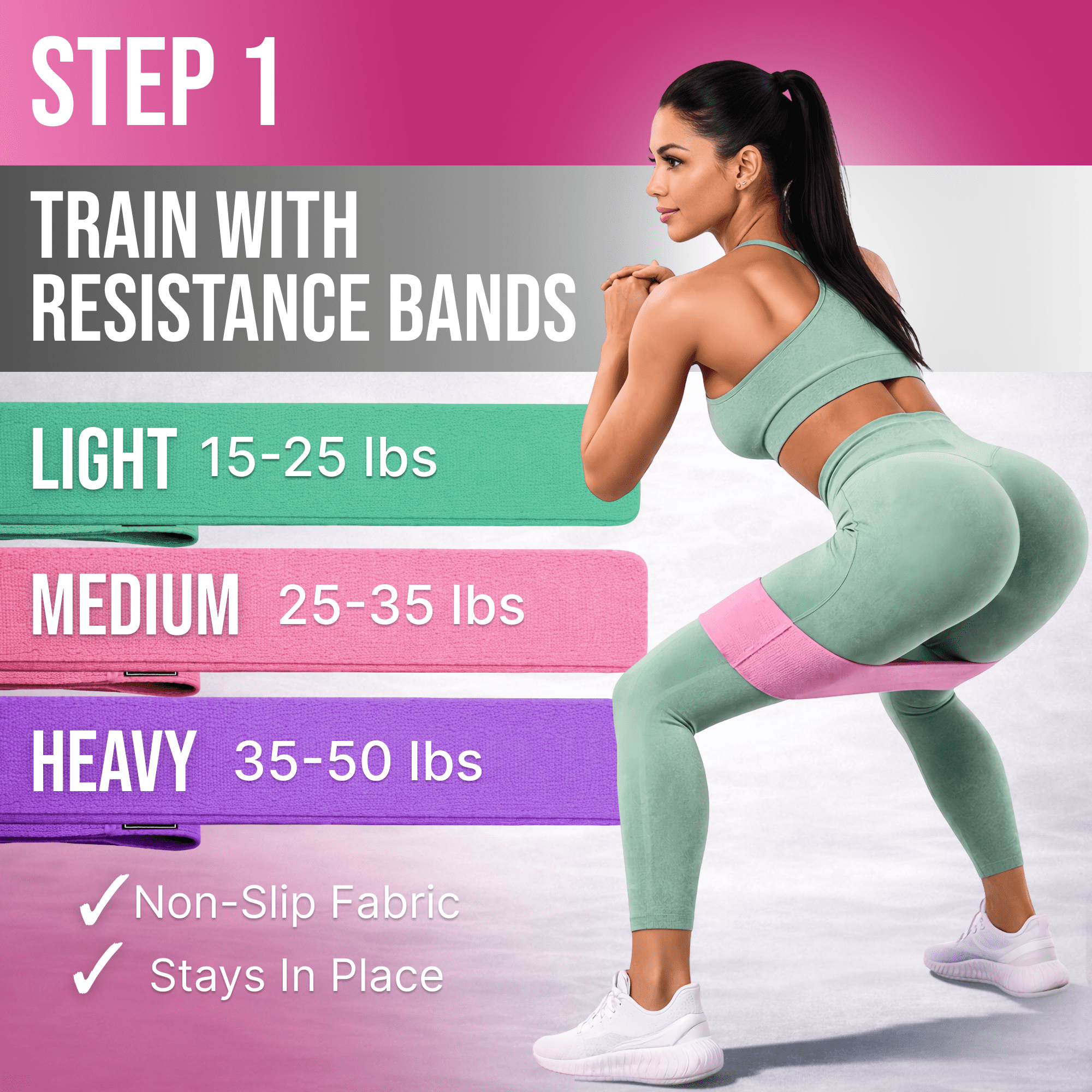Fabric Resistance Bands for Working Out Women - Set of 3 with Massage Roller Ball & Waterproof Gym Bag - Anti-Slip Glute, Hip & Leg Workout Bands