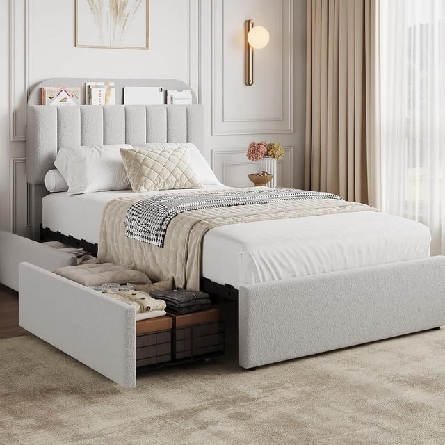 Bingirl Gray Twin Size Bed Frame with Boucle Upholstered Storage Headboard and 2 Drawers, Bookcase Included, Easy Assembly, No Box Spring Needed