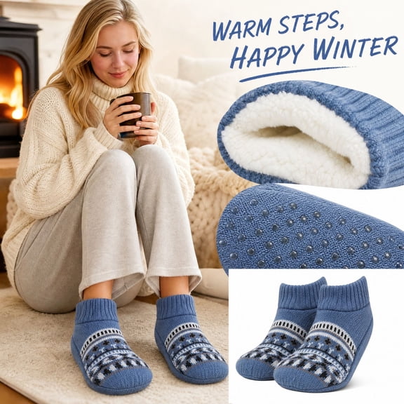 Adult Winter Slipper Socks Fleece Lined Thick Warm Floor Socks Non Slip Indoor House Socks Knit Ankle Cabin Socks Cozy Thermal Bed Socks For Women Men Soft Plush Gripper Bottom Cold Weather Footwear