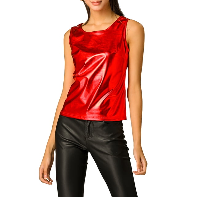 INSPIRE CHIC Women's Metallic Tank Top Halloween Club Party Shiny Sparkly Holographic Cami Top XL Red