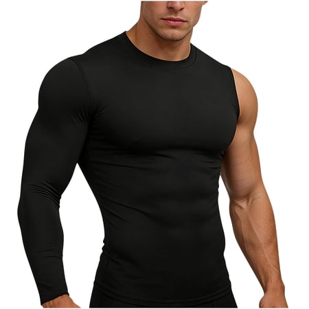 Hinvhai Mens One Arm Sleeve Compression Shirt 1/2 Long Sleeve Base Layer Sports Workout Basketball Top Black M(M)