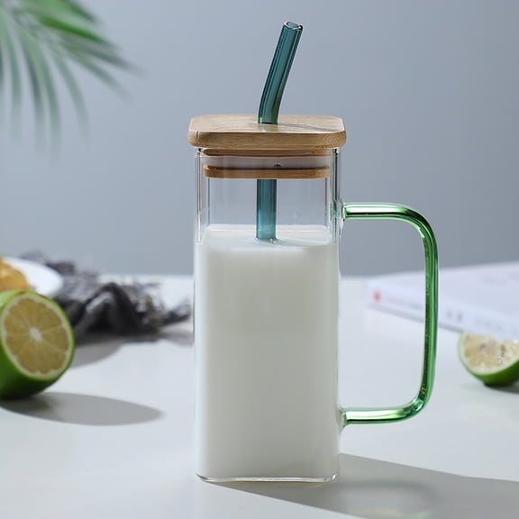 Glass Cup with Handle, Bamboo Lid and Straw, Square Drinking Glasses 400ml, Iced Coffee Tumbler for Home, Juice and Milk Beverage Cups, Reusable Home Drinkware