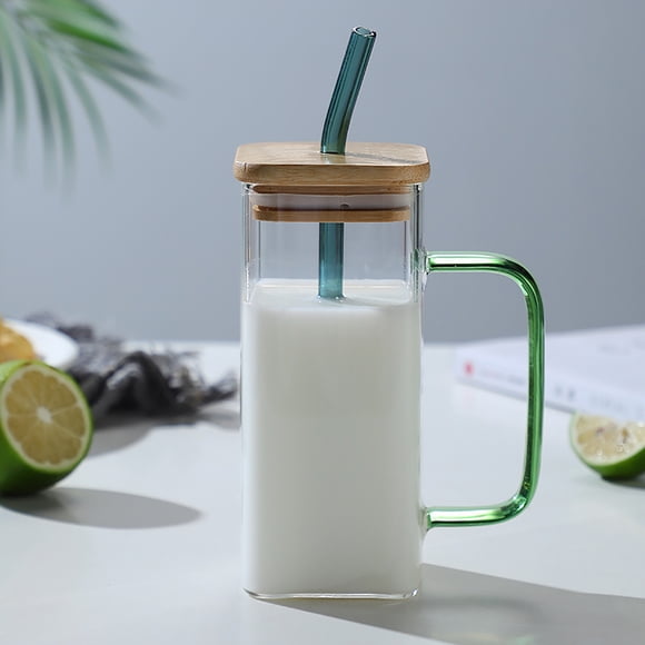 SSZMDLB Gobelet en Verre 400 ml avec Couvercle et Paille, Verre à Boire Square, Café Glacé Tumbler, Tasse à Bière et Jus, Tasses pour Boissons à la Maison pour Café, Lait, Thé