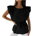thumbnail image 4 of Summer Saving Wycnly Womens Shirts Casual Solid Ruffle Sleeve Tunic Tee Tops with Belt Summer Short Sleeve Crewneck Ladies Plain Tops and Blouses Black XXL, 4 of 7