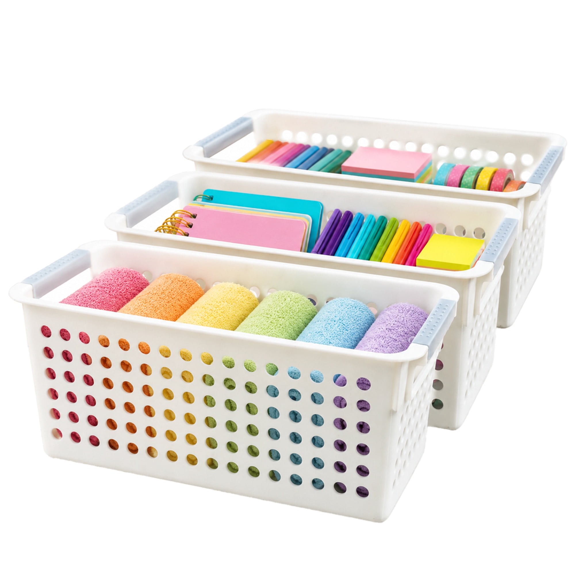 Basicwise Set of 3 White Rectangular Plastic Storage Basket with Easy-Grip Handles Ventilated Organizer Bin for Bathroom Pantry Closet Laundry Kitchen Shelf Countertop & Home Organization Essentials