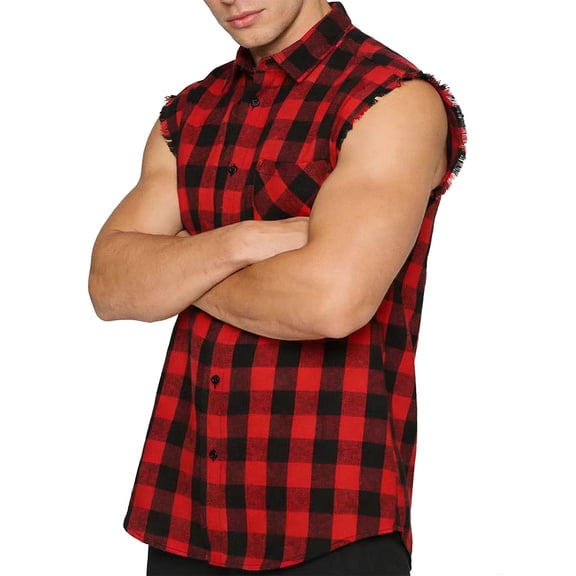 Mens Plaid Sleeveless Shirts Lapel Collared Button Down Tank Tops Fashion Loose Casual Dressy Summer T-Shirt with Pocket