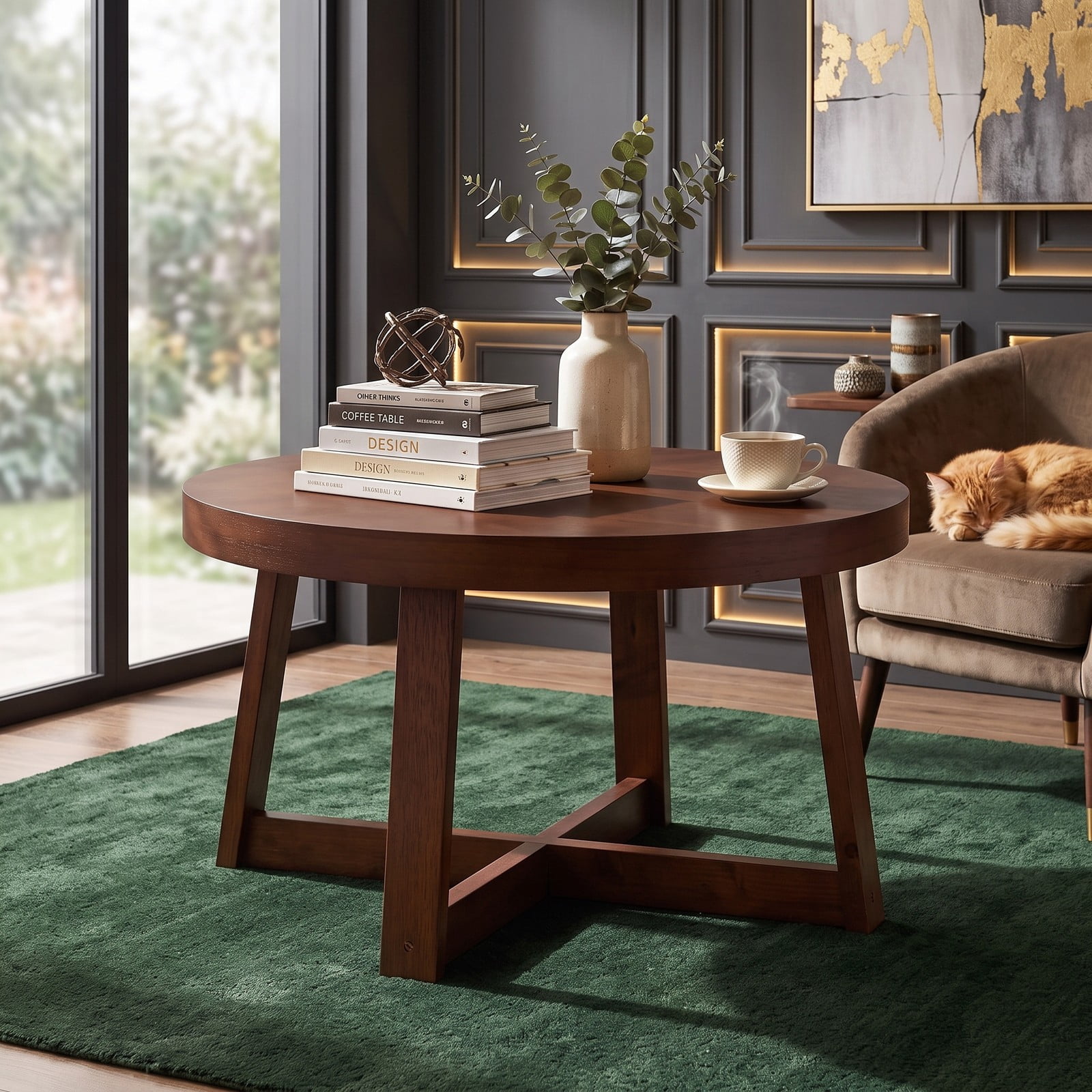 Furnibear Round Coffee Table for Living Room, 30 Inch Farmhouse Accent Table with Solid Rubber Wood Legs, X-Shaped Base, Round Center Cocktail Table for, Walnut
