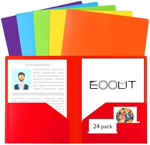 Tekola 24pcs Folders with Pockets, Plastic Pocket Folders, 2 Pocket Folders with 2 Business Card Holder, 6 Colors, Letter Size, A4 Size, for Office, Teaching, Students and School