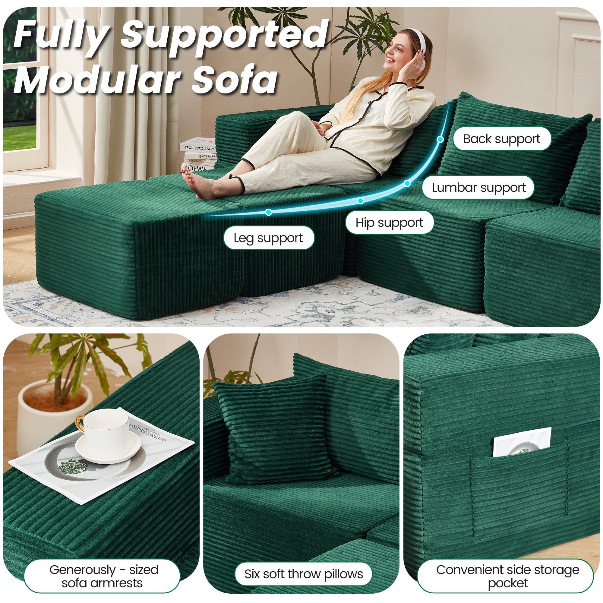 Vicluke 131" Cloud Couch Sectional, U Shaped Modern Sofa with 2 Ottomans, Comfy Corduroy Fabric Modular Sectional Sofa in a Box, Boneless Couches for Living Room, No Assembly Required (Green)