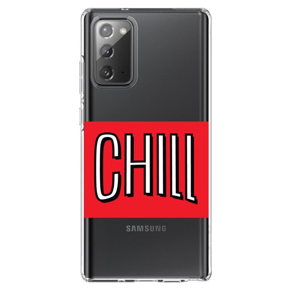 DistinctInk Clear Shockproof Hybrid Case for Samsung Galaxy Note 20 (6.7" Screen) - TPU Bumper, Acrylic Back, Tempered Glass Screen Protector - CHILL with red background