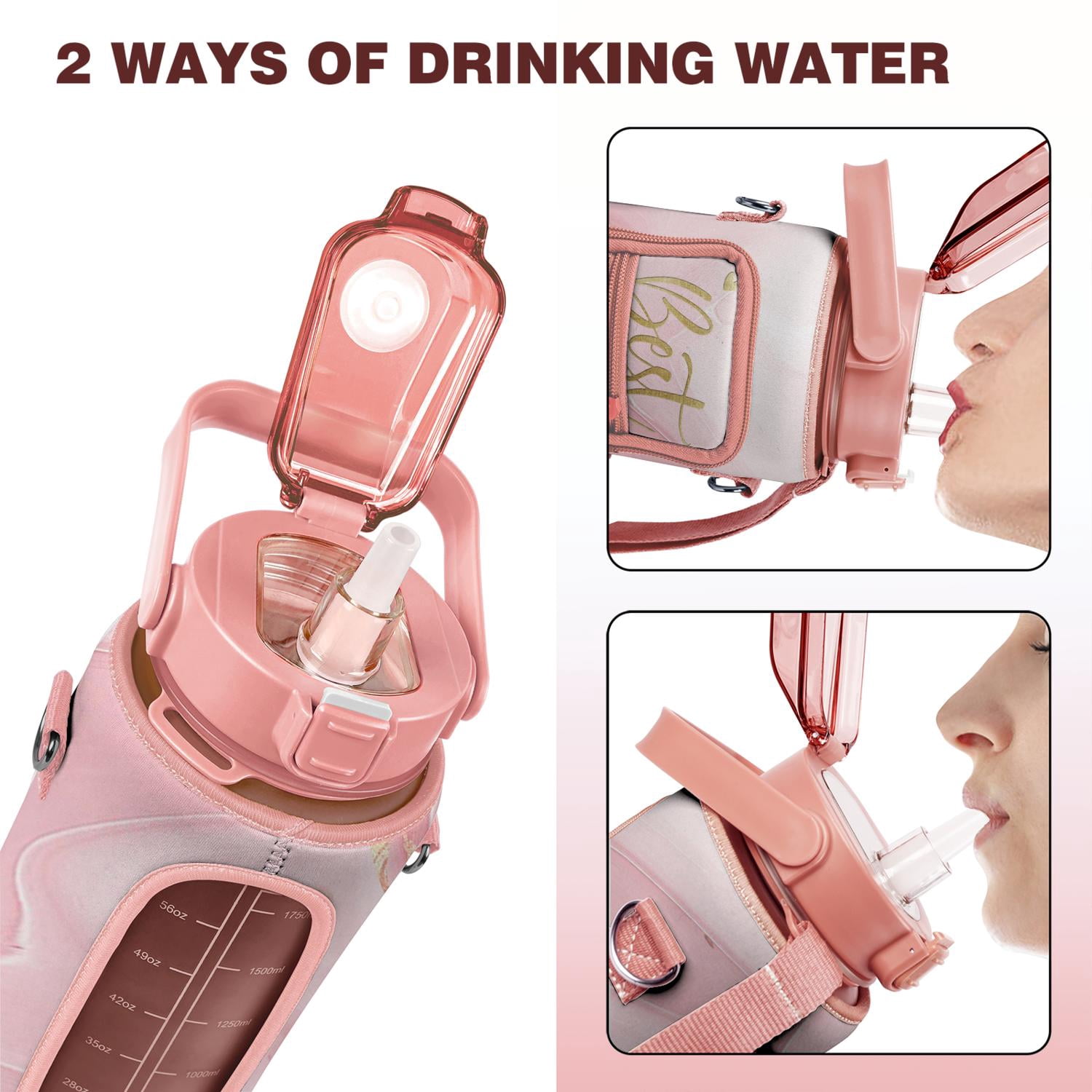 Best Mom Ever 64 Oz Water Bottle with Sleeve - BPA Free Leakproof Sport Large Plastic Water Bottle with Straw & Time Marker & Insulated Neoprene Holder Carrier Bag Great Gift for Women Men