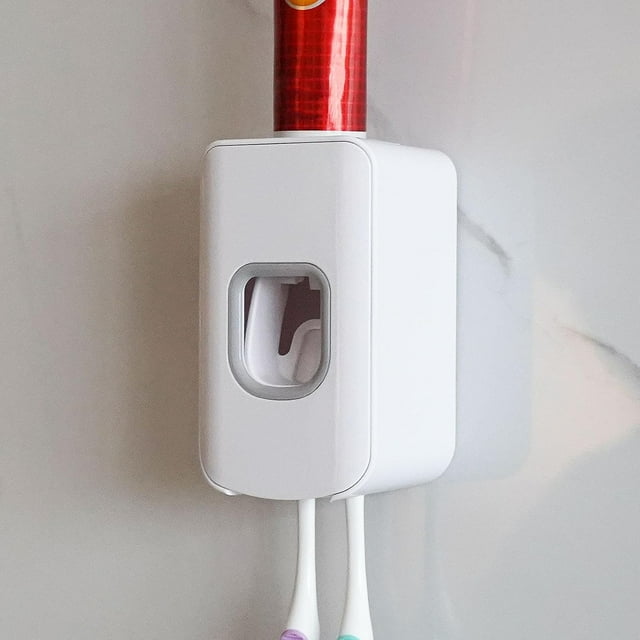 2 Slot Toothbrush Holder and Toothpaste Dispenser Wall Mounted, Automatic Toothpaste Squeezer, 2 in 1 Tooth Brush Toothpaste Organizer for Shower (White)