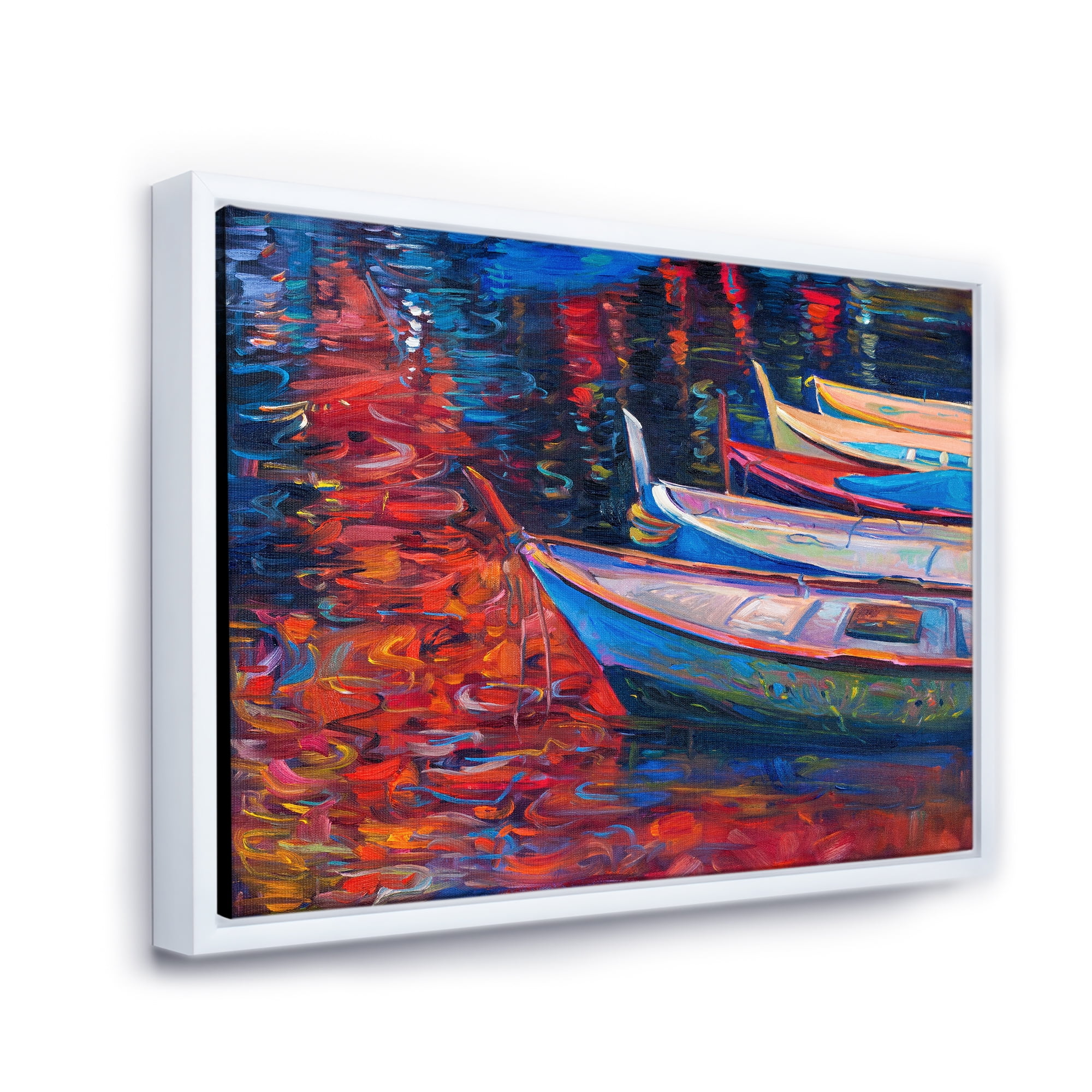 Designart 'Boats During Warm Sunset Resting On The Water IX' Nautical & Coastal Framed Canvas Wall Art Print
