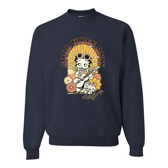 Wild Bobby, Betty Boop Good Vibes Only Betty Boop Unisex Crewneck Sweatshirt, Navy, Medium