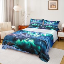 Manfei Beauty Aurora Twin Sheet Sets,Natural Lanscape Twin Fitted Sheet,Snow Mountain Flat Sheet For Men Women,Ultra Soft Home Decor,3pcs