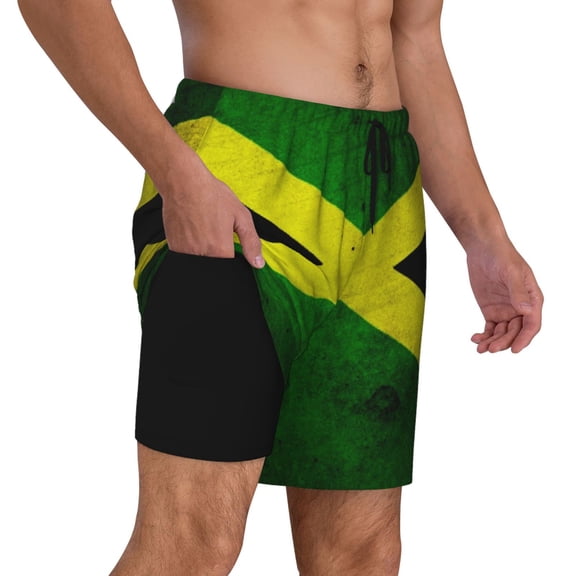 Mens Swim Trunks Jamaican Flag Quick Dry Board Shorts with Compression Liner