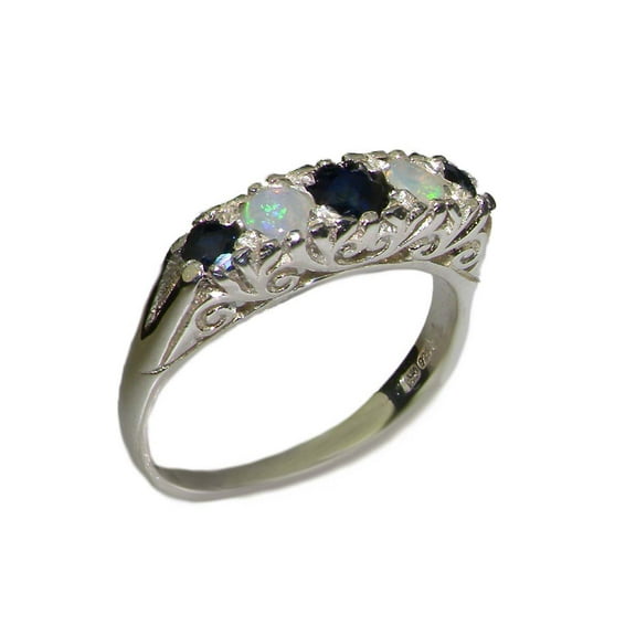 LBG British Made 925 Sterling Silver Natural Sapphire & Opal Womens Band Ring - 33 size options - Size 10