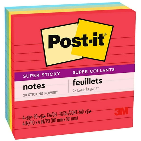 Post-it Super Sticky Notes Playful Primaries Colors Lined 4 in x 4 in 90 Sheets/Pad 4 Pads/Pack