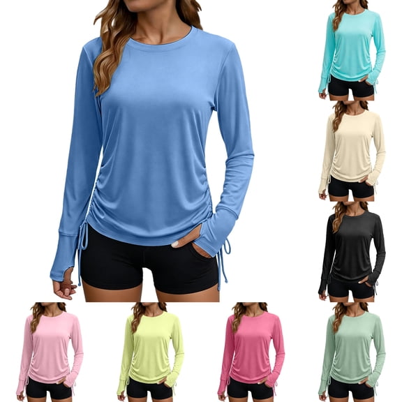 Viluyesy Women's UPF 50 Sun Protection Shirts Long Sleeve Crew Neck Side Drawstring with Thumb Holes Quick Dry for Hiking Running Workout Outdoor Wear