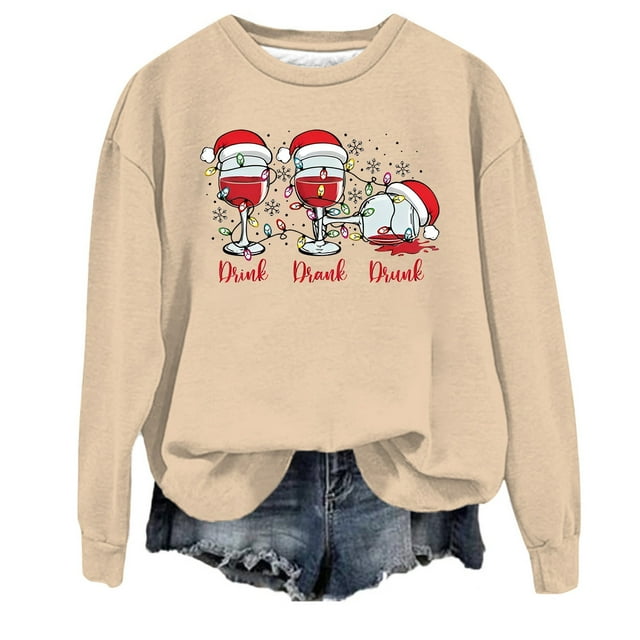 WEAIXIMIUNG Sweatshirts Courts pour Femmes Plus Femmes Décontracté Col Rond Noël Verre Neige Chapeau de Noël Imprimé Hoodie