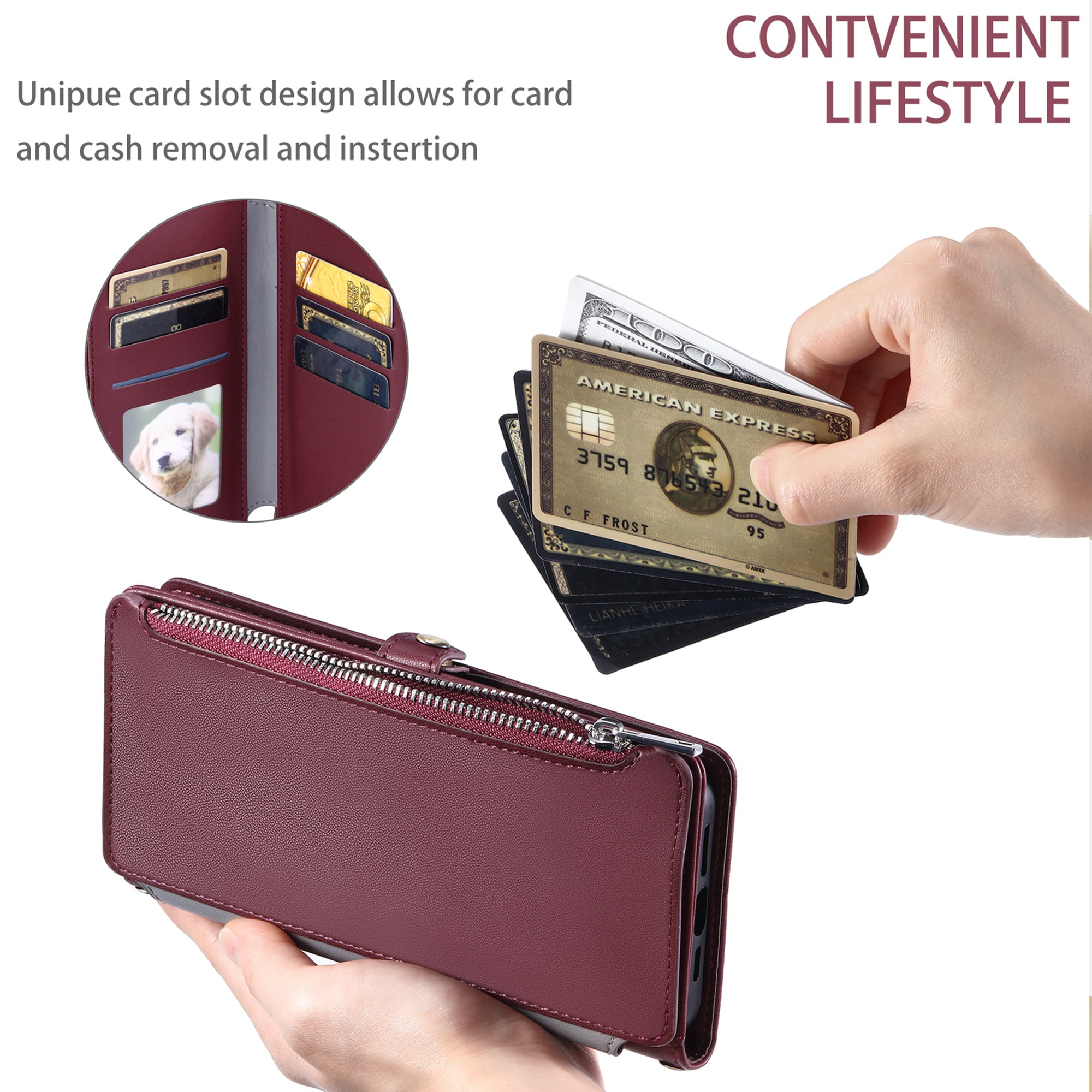 Dteck for iPhone 6s/6 Wallet Case, Crossbody Zipper Purse with Wrist for Women Men, 8-Card Slots Holder PU Leather Kickstand Flip Cover Phone Case,Winered