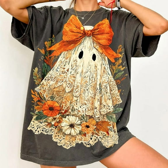 Halloween Fall Ghost Lace Shirt, Girly Pink Pumpkin Shirt, Bow Floral Fall Shirt, Halloween Shirt, Autumn Vibes Shirt, Spooky Season Shirt Popular Now