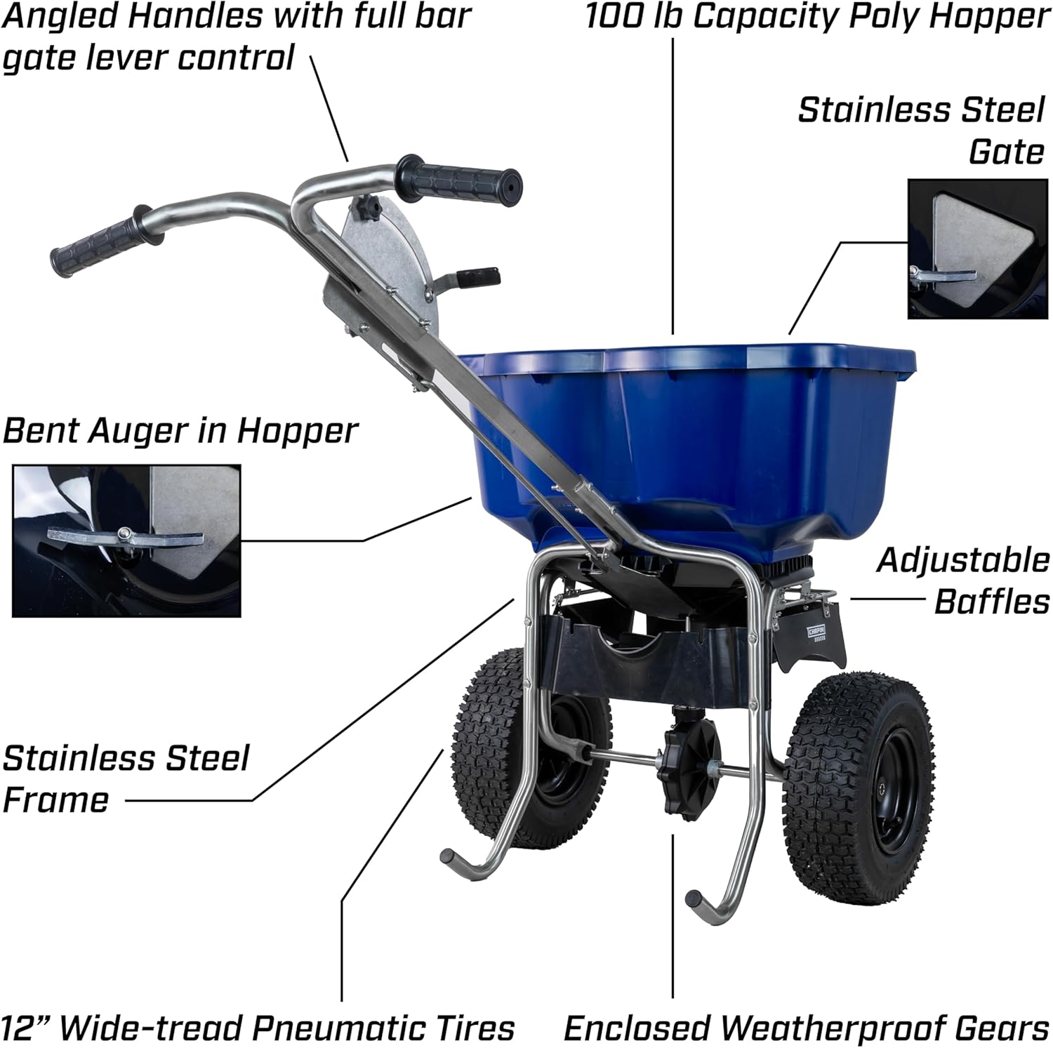 Chapin 88800B Spreader, Rock Salt, Ice Melt, 100Lbs, Auger, Baffles, 12" Tires, Enclosed Gears, T-Handle, Rain Cover