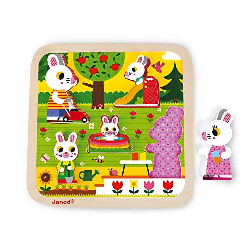 Janod Chunky Puzzle 5Piece Colorful Wooden Bunny Family in Garden