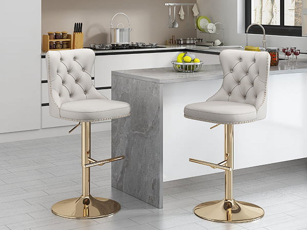 ODUSE-DAILY Gray Velvet Bar Stools Set of 2 - Adjustable Swivel Counter Height Chairs with Tufted Back and Nailhead Trim for Kitchen Island Pub Restaurant (2Pcs, Gold Metal, Grey)