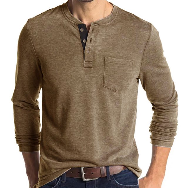 Camiseta de manga larga ajustada para hombre, camisa elegante de otoño con cuello redondo y botones, Top para trabajo de oficina