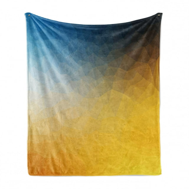 Yellow and Blue Soft Flannel Fleece Blanket, Abstract Polygon Style Fractal Gradient Geometric Background Art, Cozy Plush for Indoor and Outdoor Use, 70" x 90", Slate Blue Marigold, by Ambesonne