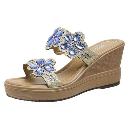 

Gzea Spring Sandals For Women 2024 Women s Slope Heel Sandals Fashionable Rhinestone Casual Sandals Lady Sandals Women Slippers Summer Sandals Blue 41
