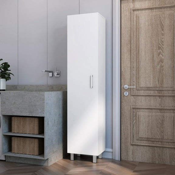 White 1-door 4-shelf Tall Cabinet - Keep Your Stuff Safe And Tidy With Broom Storage Spacious Shelves For Toiletries In 4 Hangers An Elegant Home Furnishing