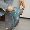 thumbnail image 3 of Puntoco Women's Ruched Ankle Booties, Side Zipper Low Block Heel Boots, Round Toe Slip‑On Pleated Leather Casual Short Boots Blue, 3 of 5
