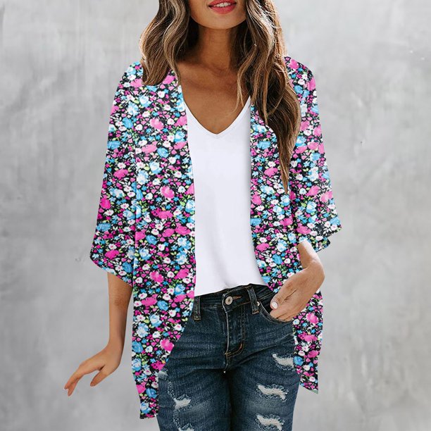 Cárdigan informal de moda para mujer, primavera y verano, estampado, manga 1/2, cárdigan de poliéster para mujer