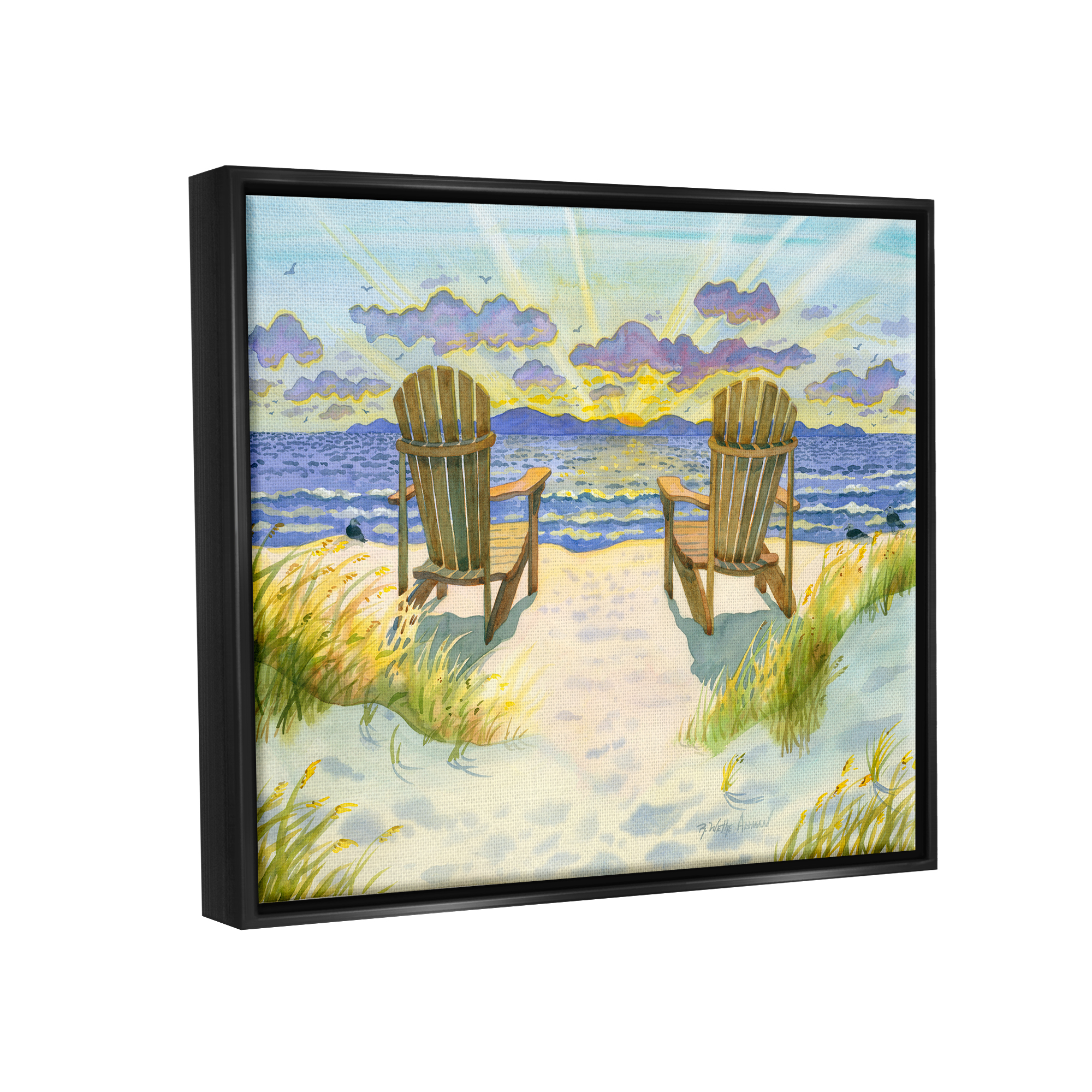 Stupell Industries Nautical Beach Chairs View Nature Painting Black Floater Framed Art Print Wall Art, 31 x 25