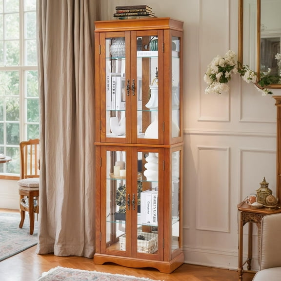 CKEASEAN Lighted Glass Display Cabinet, 71"H Wooden Curio Cabinet with Adjustable Glass Shelves Vintage & 6 Shelves