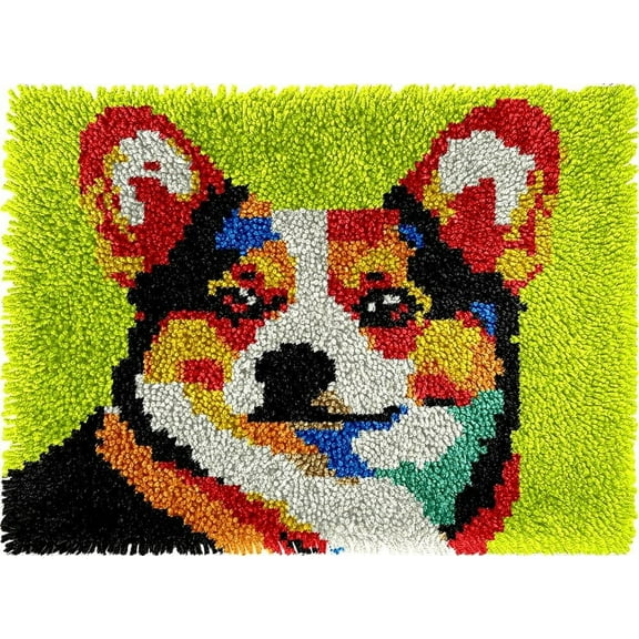 DIY Latch Hook Rug Kits Color Corgi Dog DIY Cushion Tapestry Making Crochet Hooking Mat Making Kits With Printed Pattern Canvas DIY Carpet Needlework Kits of Home Decor 52x38cm (T30)