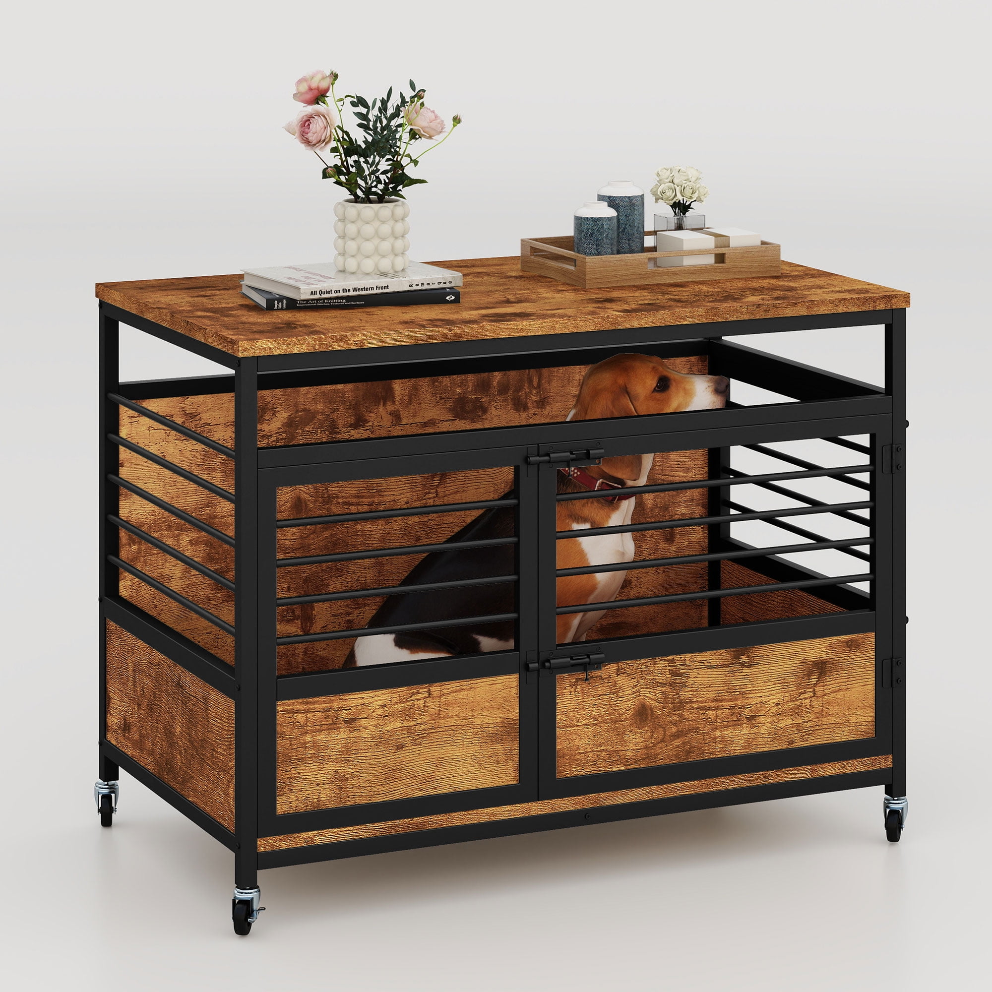 Uforic 2-in-1 Dog Crate Furniture with Wheels, 39.4" Wooden Dog Kennel,End Table, Rustic Brown