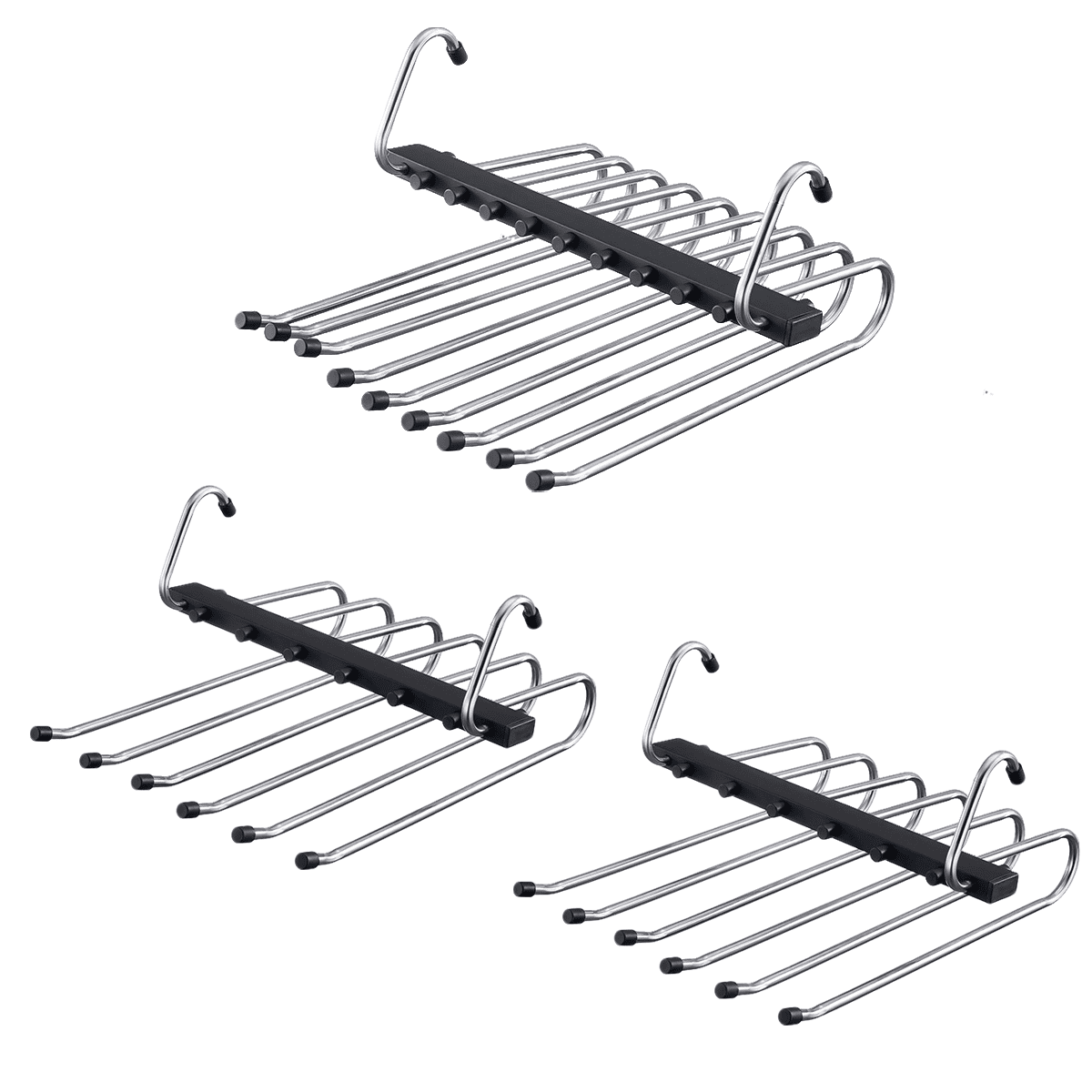 3 Pack Pants Space Saving Hangers ,Space Saving 2 Pack 6 Tier and 1 Pack 9 Tier Pant Hangers, Anti-Slip, Stainless Steel,  Black