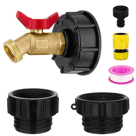 IBC Tote Adapter 275-330 Gallon IBC Bag Tank Fittings 1/2in Solid Brass Water Shut-Off Valve Faucet with 2'' Coarse Thread Adapter 2''and 2.44" Fine Thread Adapter Garden Hose Quick Connector